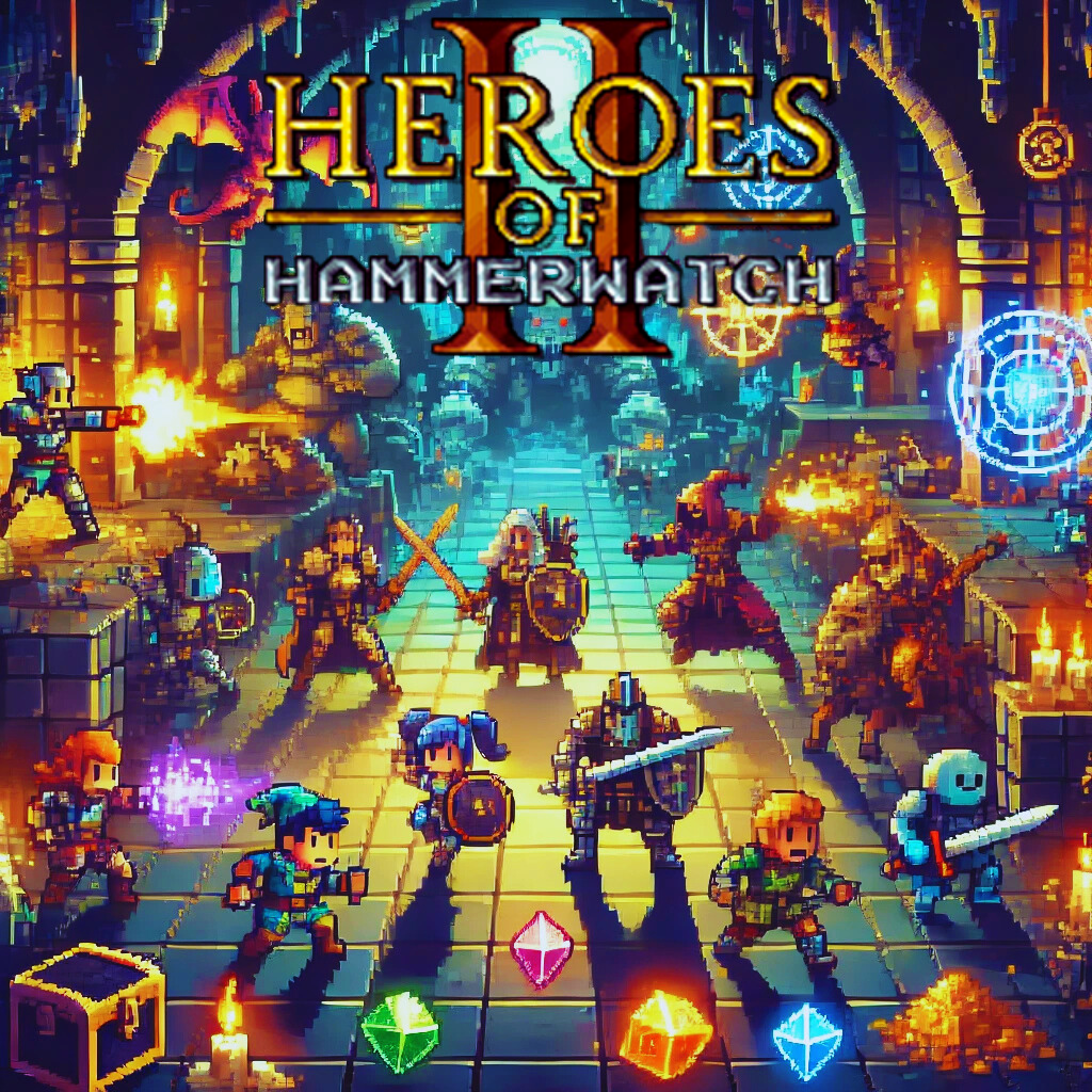 A pixel-art fantasy dungeon scene from Heroes of Hammerwatch II, showcasing a group of adventurers—warrior, mage, rogue, and cleric—battling monsters in a torch-lit dungeon filled with magical symbols, glowing treasures, and enchanted artifacts. The game's logo is prominently displayed at the top