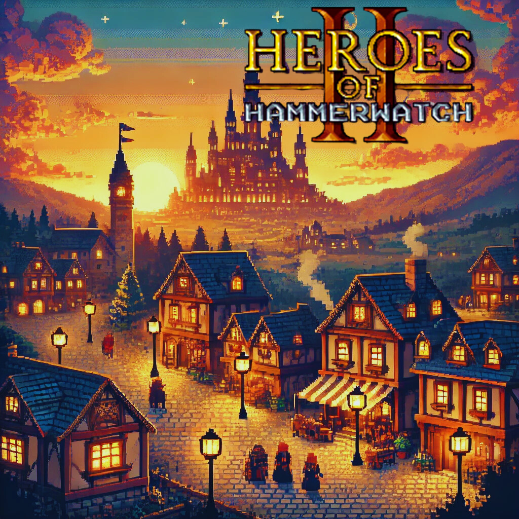 A pixel-art medieval town at sunset from Heroes of Hammerwatch II, featuring cobblestone streets, warmly lit houses, and a towering castle in the background. The town has market stalls, adventurers preparing for their journey, and street lamps glowing under the evening sky. The game's logo is displayed at the top