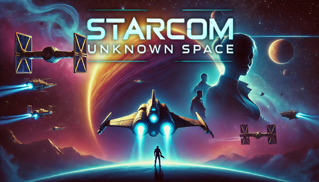 A sleek spaceship with a glowing blue engine soars through deep space, heading toward a massive orange and purple planet. The cosmic background features nebulae, distant stars, and character silhouettes, evoking a sense of sci-fi exploration and mystery, inspired by Starcom: Unknown Space.