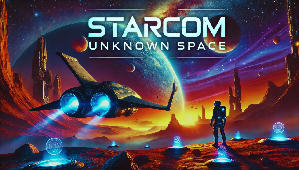 A sleek spaceship with a glowing blue engine soars through deep space, heading toward a massive orange and purple planet. The cosmic background features nebulae, distant stars, and character silhouettes, evoking a sense of sci-fi exploration and mystery, inspired by Starcom: Unknown Space