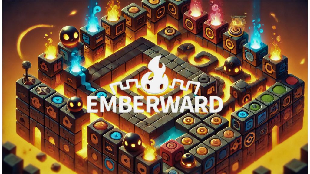 A close-up, strategic scene from Emberward where the player is actively selecting and placing tetromino maze blocks in bright colors. Cartoon-style turrets, magic emitters, and cannons are firing at adorable yet menacing dark enemies with glowing eyes. The fire core glows intensely, surrounded by embers and UI elements displaying wave counters and upgrade options. The overall aesthetic is playful yet tactical