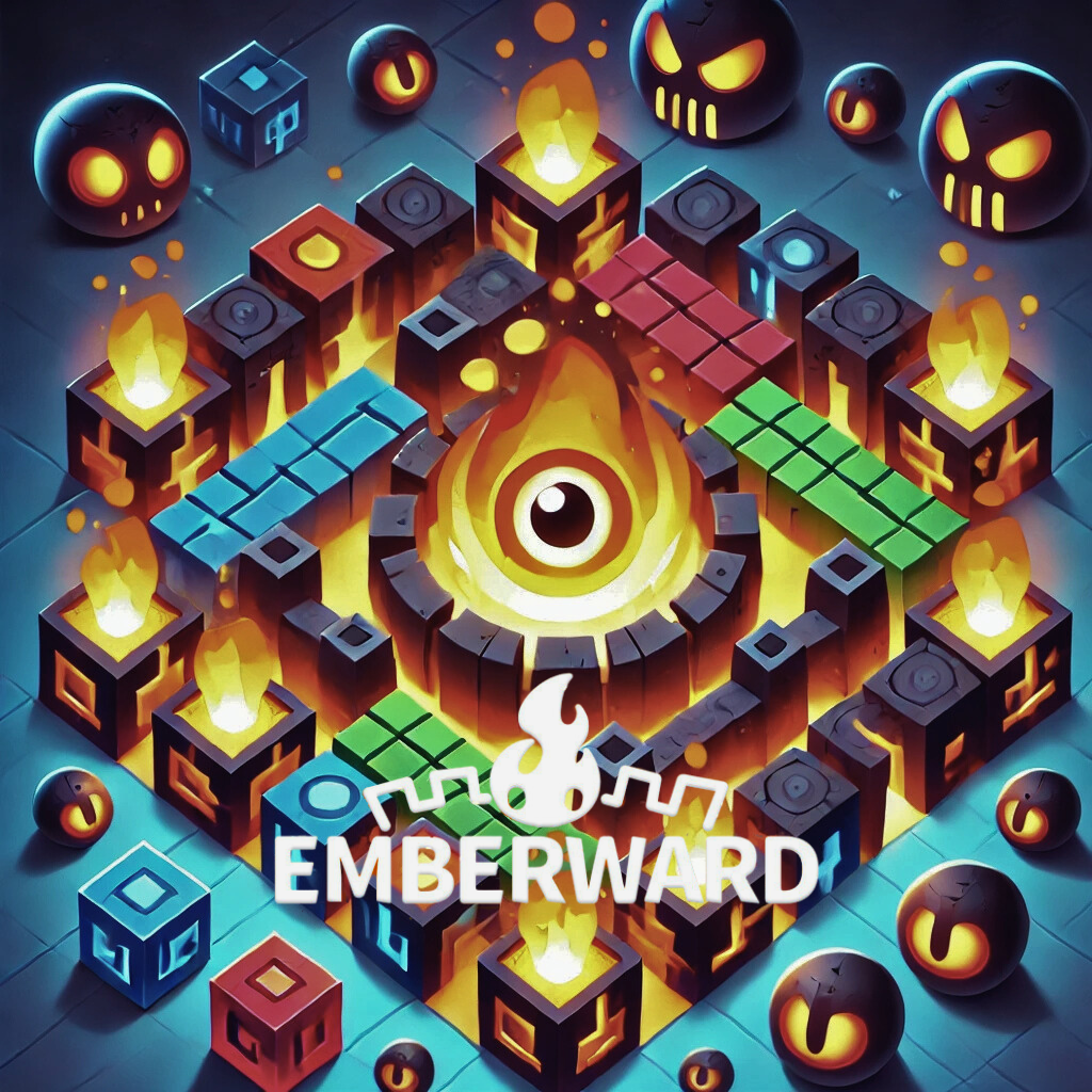 A fun, high-contrast thumbnail for Emberward, featuring a glowing fire core at the center, surrounded by vibrant tetromino maze blocks and cartoon-style defensive towers. Adorable yet menacing shadowy enemies with glowing eyes approach the maze. The design is optimized for small sizes while keeping the visuals clear and engaging, maintaining a warm, colorful, and strategic aesthetic