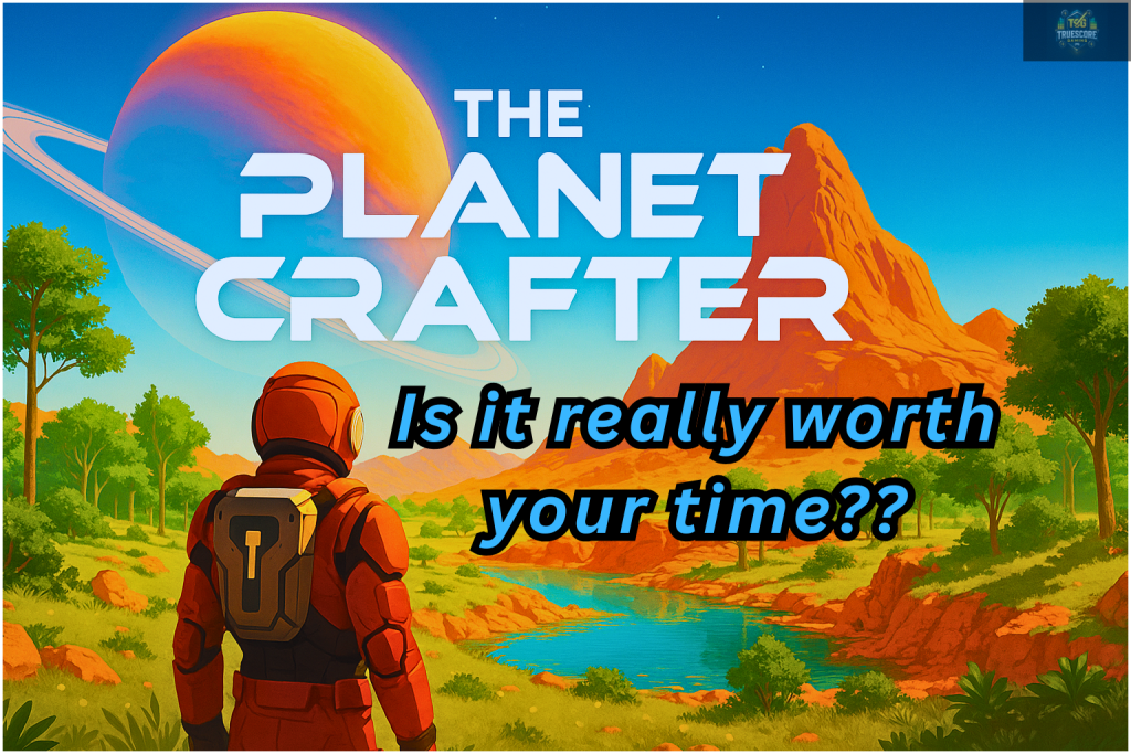 An astronaut stands in a lush, terraformed valley with a massive planet looming in the sky. The words “The Planet Crafter” and the tagline “Is it really worth your time??” are overlaid in bold text.