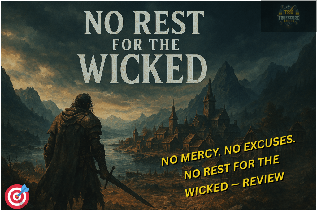 A lone armored warrior stands on a dirt path overlooking a misty medieval village nestled by a river, with stormy skies and rugged mountains in the distance. The title “No Rest for the Wicked” looms above in bold serif font.