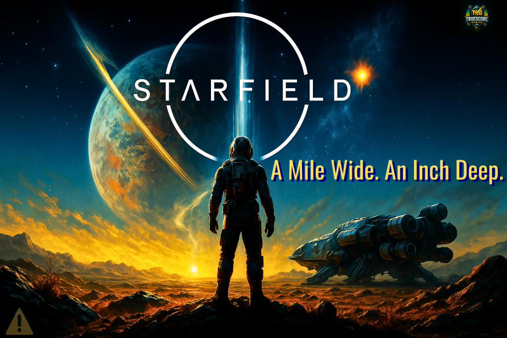 A lone astronaut stands on a scorched alien world beneath a ringed planet, staring at a glowing rift in the sky, with the words “A Mile Wide. An Inch Deep.” overlaid.