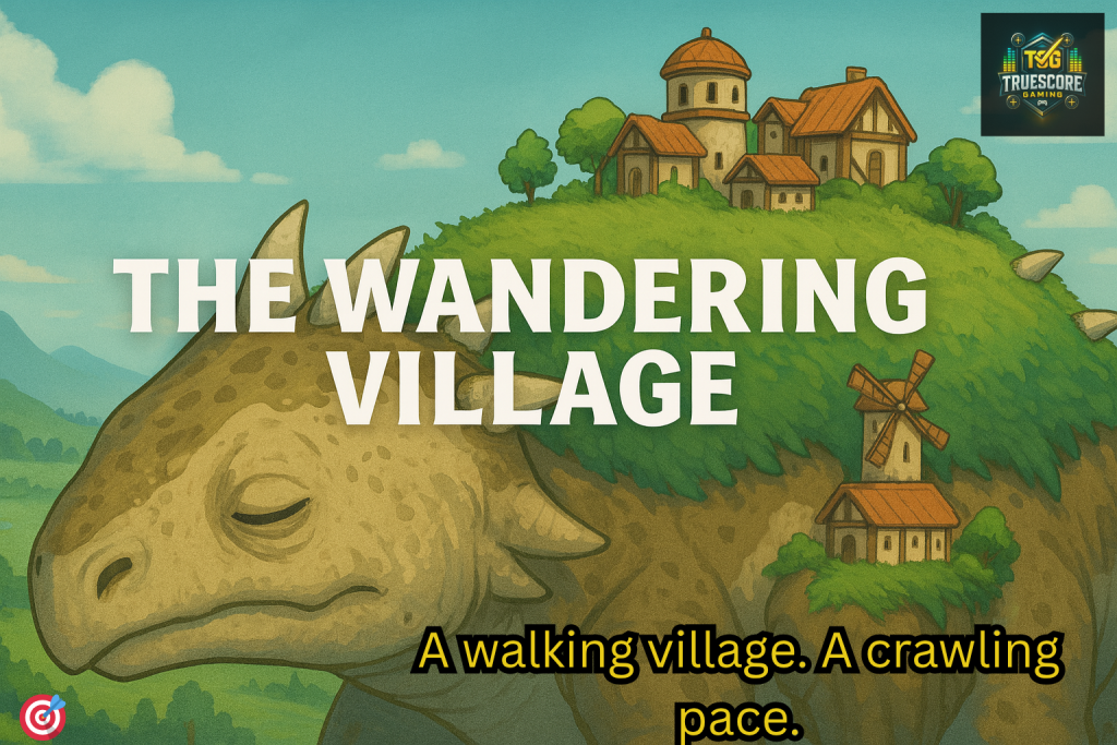 A peaceful, dinosaur-like creature carries a small village on its back in a bright, illustrated landscape. Bold text reads "The Wandering Village" with the tagline "A walking village. A crawling pace.