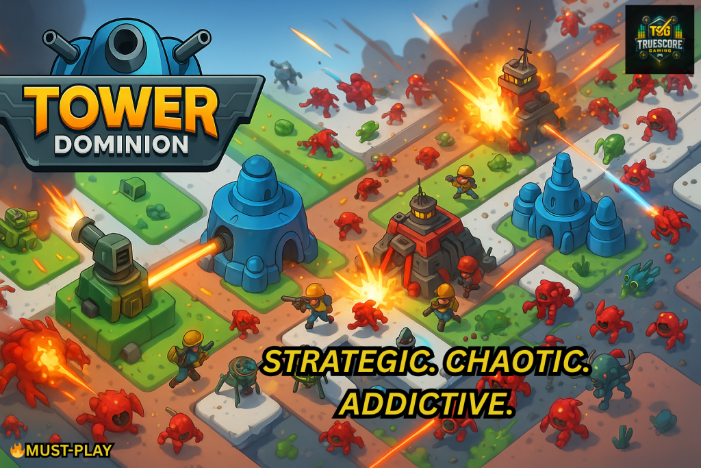 Tower Dominion gameplay featuring chaotic tower defense action with turrets, infantry, and alien enemies across multiple biomes.